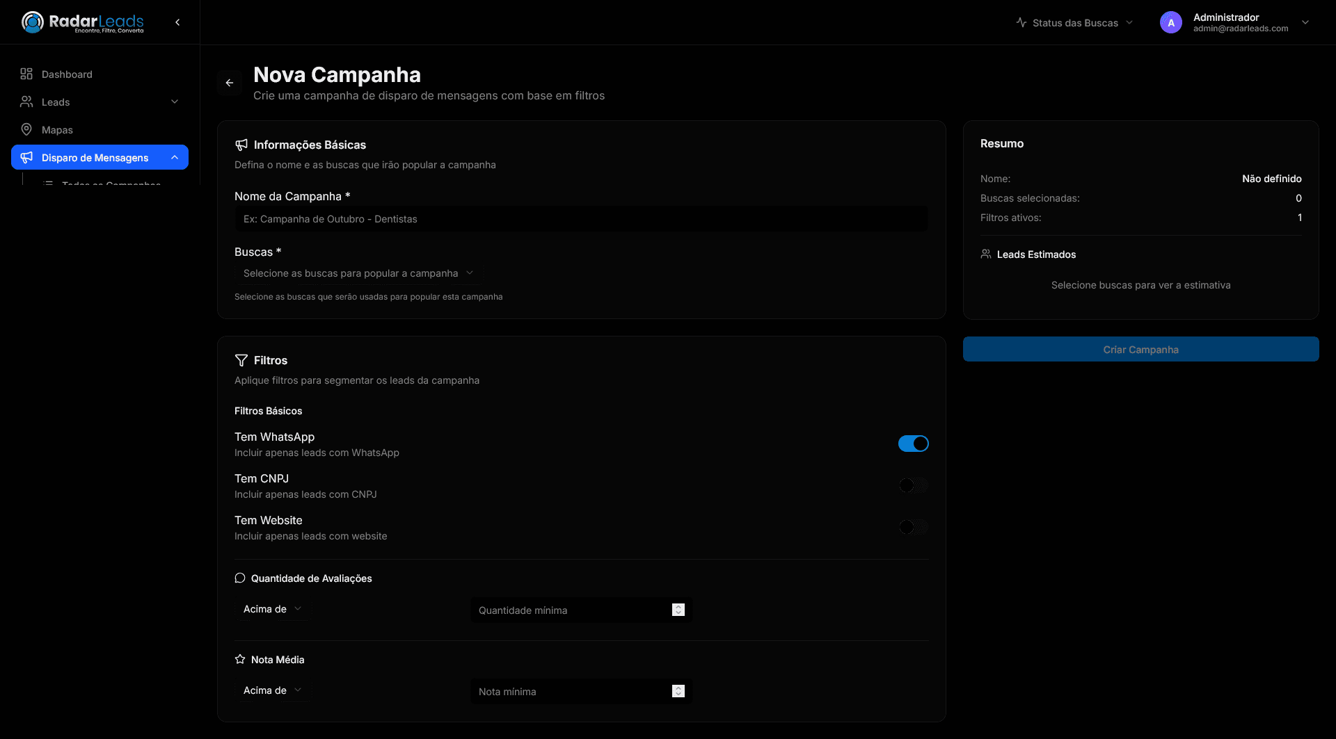 Nova campanha de disparo