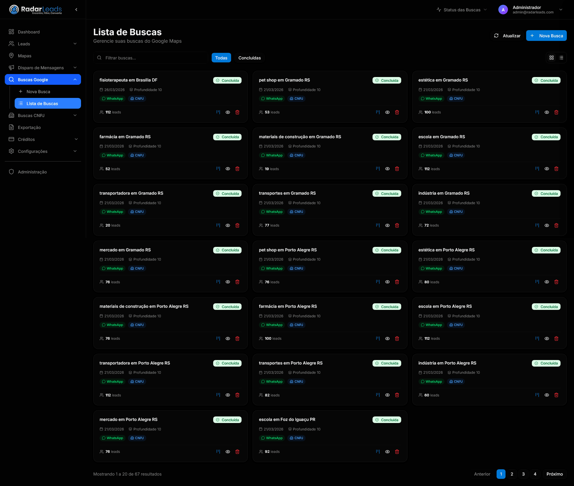 Página de buscas RadarLeads
