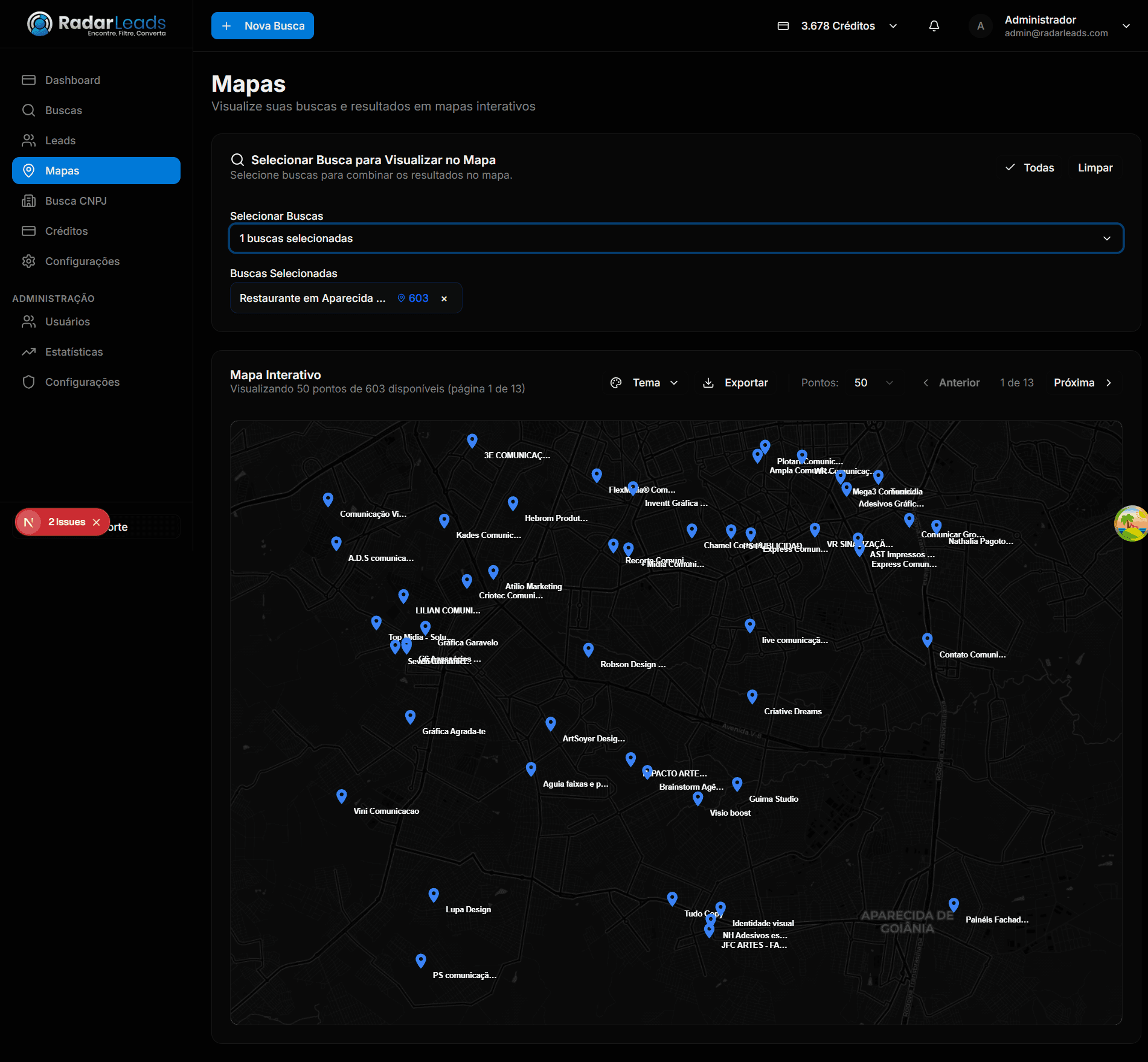Mapa interativo com leads